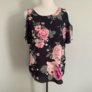 Women’s C&E SMALL Navy With Pink Roses Summer Cold Shoulder Tunic Top Blouse